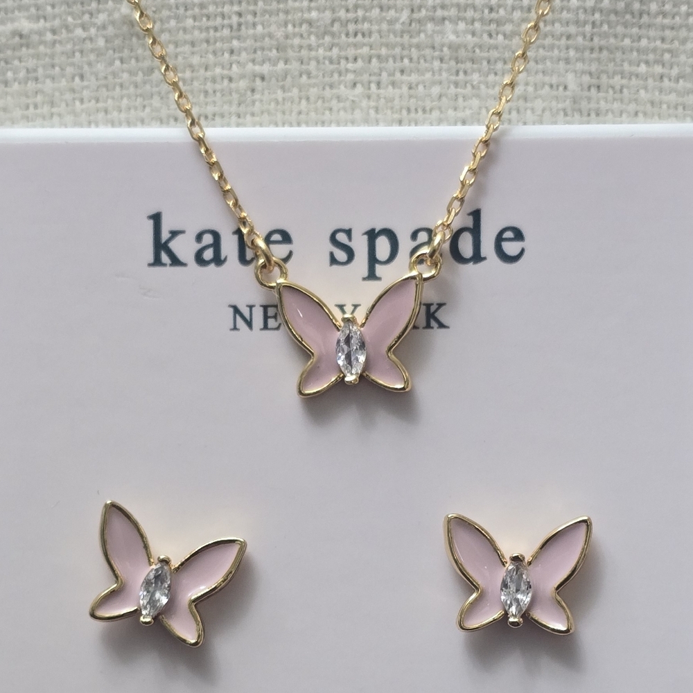 Kate Spade Social Butterfly Pendant Necklace & Studs - Picture 1 of 5
